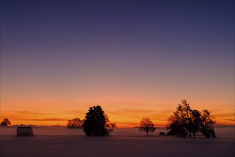 Sunset in winter near Ascholding, Upper Bavaria, Bavaria, Germany, Europe
