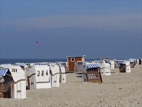 Sandy beach with many white beach chairs, some numbered, blue sky, dunes and beach at the sea with