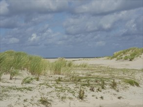 Sandy dune landscape with clouds in the sky, quiet and peaceful nature, lonely beach with dune