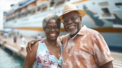 Happy african american senior couple portrait in front of their luxury cruise ship. generative AI,