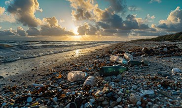 Beach littered with plastic bottles and garbage, ecological problems AI generated