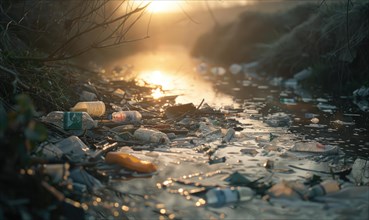 Polluted waterway filled with debris and plastic waste AI generated