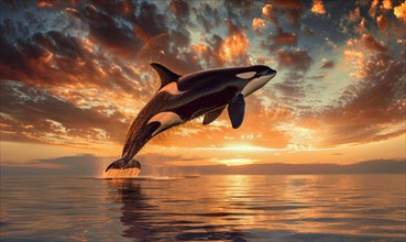 A breaching orca whale captured in mid-air against a vibrant sunset sky AI generated