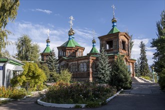 Russian Orthodox Church Cathedral of the Holy Trinity, wooden church with green spires, Karakol,