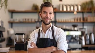 Small business owner stands in front of a counter with apron on and a smile on his face, AI
