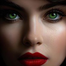 Close up fashion portrait with green eyes and red lips, AI generated
