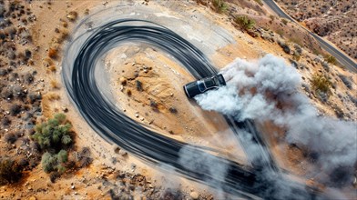 Aerial view of a black car drifting on a desert track with smoke trails, AI generated