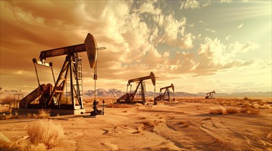 Large oil rig is in the desert. Concept of oil exploration, earth exploitation and corporate greed,