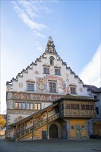 Old town hall with colourfully painted, richly decorated facade with open staircase, Lindau Island,