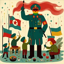 An authoritarian general stands with children painting flags, representing a mix of propaganda,
