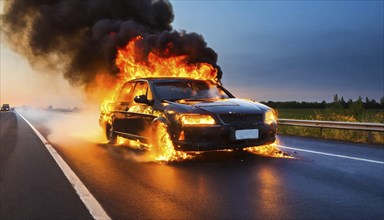 Symbol photo, Burning car on the motorway, AI generated, AI generated