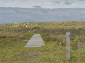A wooden walkway leads into a dune landscape, next to it a post with a blue sign under a cloudy