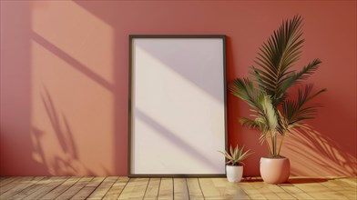 Minimalistic interior with an empty frame leaning against a red wall next to potted plants and
