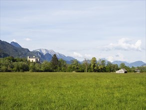 Evening light, meadow with hay barn, Trautenfels Castle, near Irdning, Enns Valley, Styria