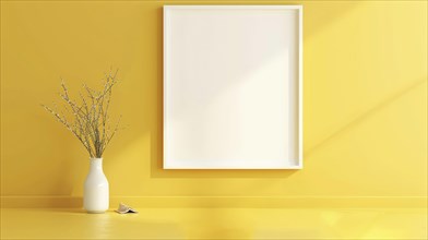 Empty frame on a yellow wall with a vase and flowers on the left, sunlight creating shadows, AI