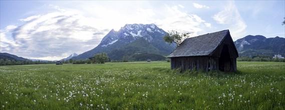 Evening mood, hay barn in a meadow, Grimming, panoramic shot, near Irdning, Ennstal, Styria,