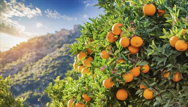 Rich orange harvest in the foreground, mountainous landscape in the background at sunset, AI