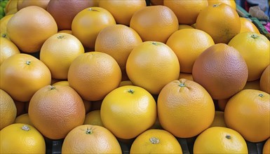 Fresh pile of grapefruit in various shades of yellow and orange at a market stall, AI generated, AI