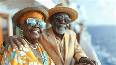 Happy african american senior couple portrait on the deck of their luxury cruise ship. generative