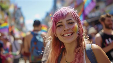 A beautiful young woman with pink hair is smiling and wearing face paint with the LGBT rainbow