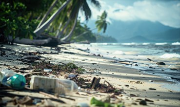 Trash washed ashore on a remote island beach AI generated
