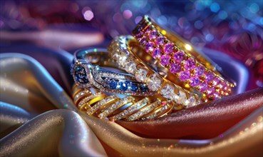 A collection of shimmering gemstone rings arranged on a luxurious satin material background AI