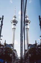 Atmospheric reflection of the Sky Tower in Auckland, New Zealand. Taken at sunset