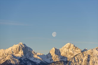 Allgaeu Alps, view from Hegratsrieder See, snow, dawn, moon, Allgaeu, Bavaria, Germany, Europe