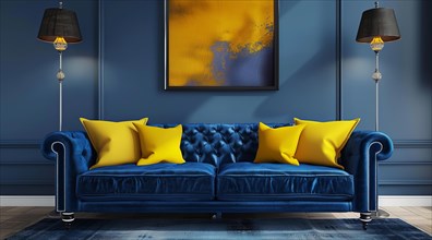 A blue couch with yellow pillows sits in front of a yellow wall. Modern luxury interior design, AI