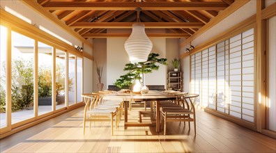 A large, open room with japanese design and sliding walls. Lots of light and sunshine, AI generated