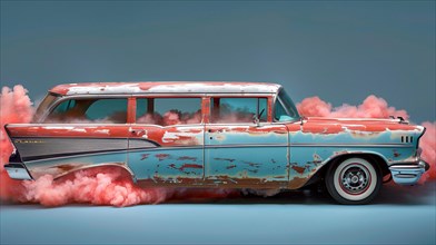 A classic car on a blue background with pink smoke swirling around it, AI generated