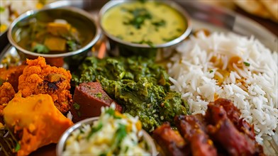 A platter filled with spicy and authentic Indian dishes alongside rice and bread, AI generated