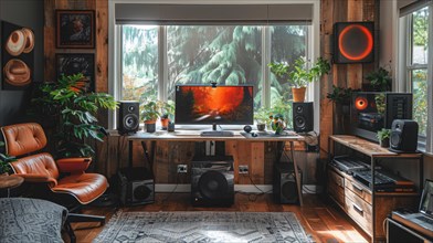 Stylish and cozy music studio in a home office with wood accents and plants, AI Generated, AI