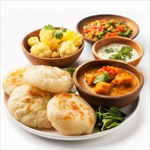 Indian meal on a wooden tray with puri, potato curry, and lentil soup, AI generated
