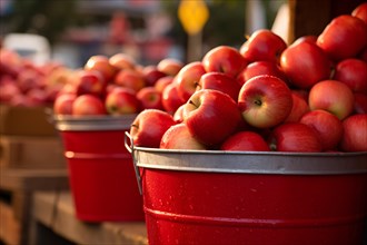 Baskets with red apples at market, AI generated