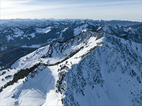 Benzingspitz and Jaegerkamp, Prealps in winter with snow, Mangfall mountains, Bavarian Prealps,