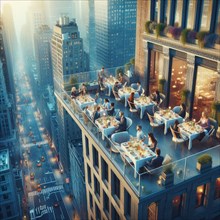 Elegant rooftop dining area overlooking a lit-up city in the evening, ai generated, AI generated