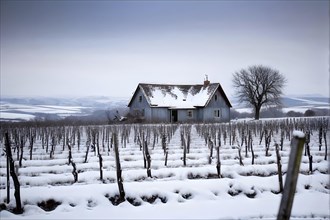 Rustic vineyard cottage in a winter vineyard landscape with snow, AI generated