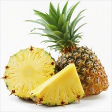 Tropical pineapple displayed with slices revealing its juicy, yellow flesh, AI generated