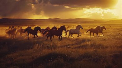 Horses running freely across a field during a golden sunset, capturing the essence of freedom, AI