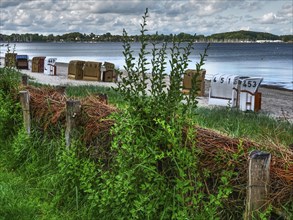 HDR image of beach chairs on the beach, grasses and wood in the foreground, cloudy sky in the