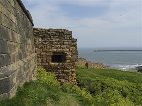 A historic fortress wall in front of the ocean on a sunny day with a green meadow in the