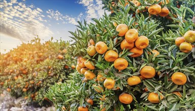 Close-up of a tangerine bush with many ripe tangerines under a sunny sky with clouds, AI generated,