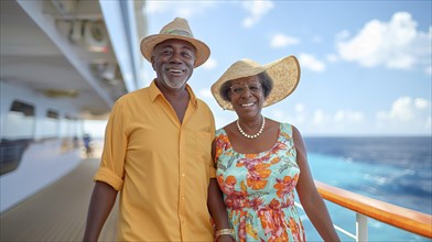 Happy african american senior couple portrait on the deck of their luxury cruise ship. generative