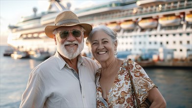 Happy senior couple portrait in front of their luxury cruise ship. generative AI, AI generated