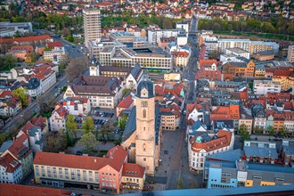 The Protestant town church of St Michael in Jena from above with the new university campus complex