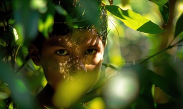 Portrait of the child in the forest, child looking through jungle leaves AI generated