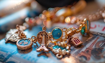 A charm bracelet featuring whimsical charms depicting travel destinations AI generated