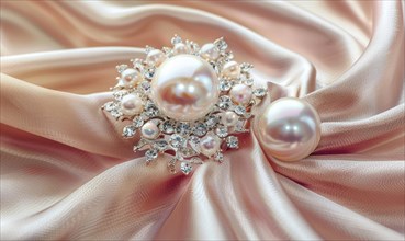 A pearl brooch adorned with sparkling crystals resting on a smooth satin material background AI