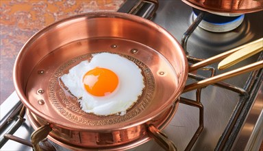 Metal, copper, a fried egg is fried in a copper pan